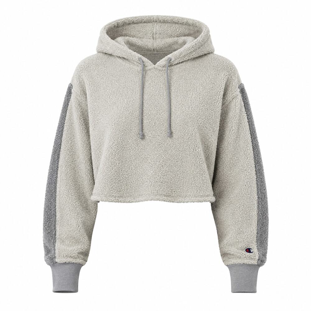 Champion Womens Sherpa Cropped Hoodie Oatmeal Cream Cozy Medium